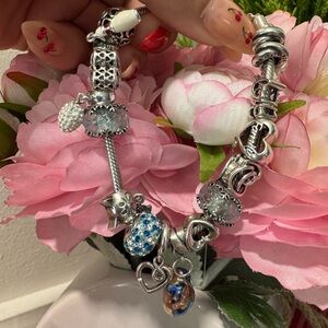 Pandora icon Silver Bracelet with light Blue and silver Charms